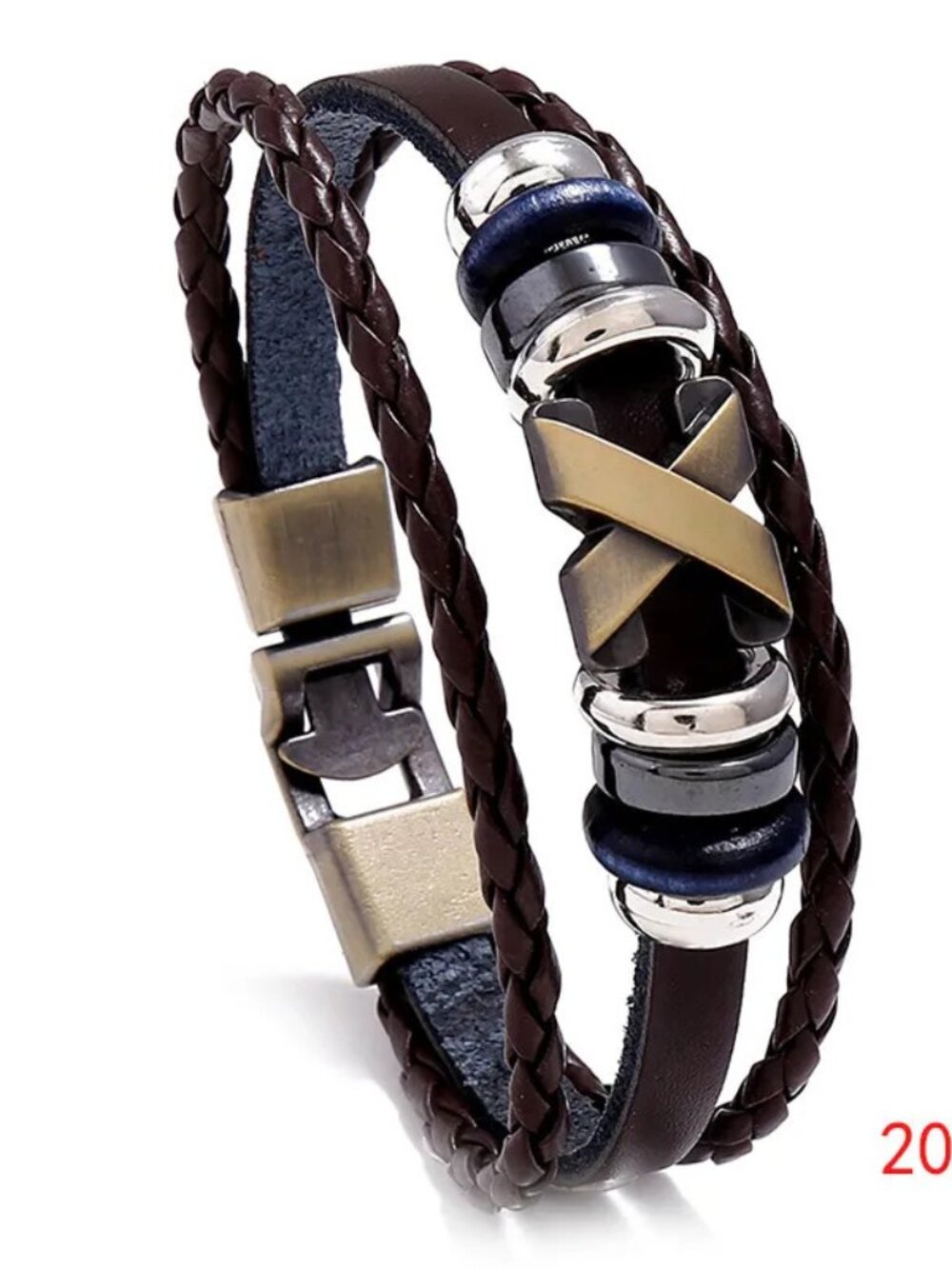 3/$35 Men’s Brown Braided Leather Bracelet Metallic Bead Geometric Charm 20cm